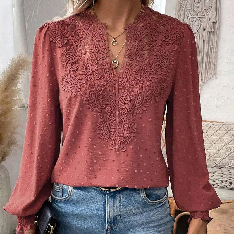 Women's V Neck Contrast Lace Long Lantern Sleeve Blouse Tops