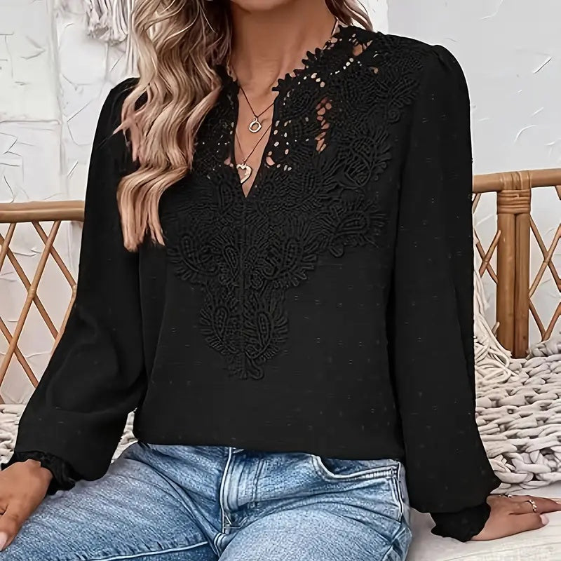 Women's V Neck Contrast Lace Long Lantern Sleeve Blouse Tops