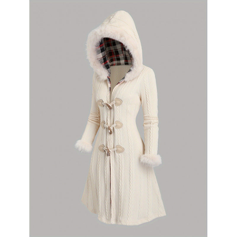 Long Hooded Coat With Horn-shaped Buttons