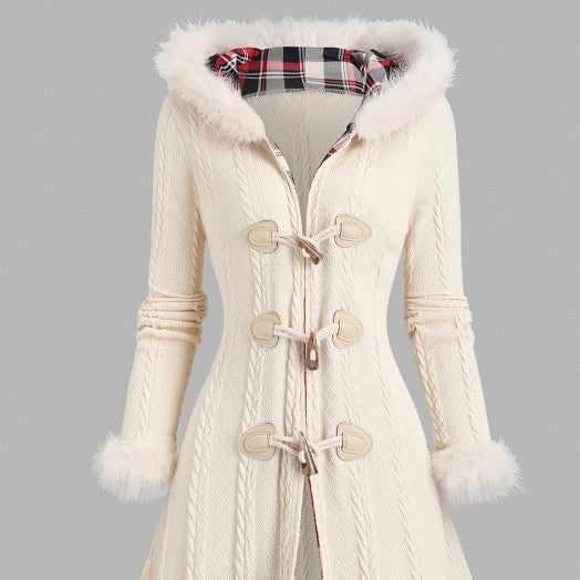 Long Hooded Coat With Horn-shaped Buttons