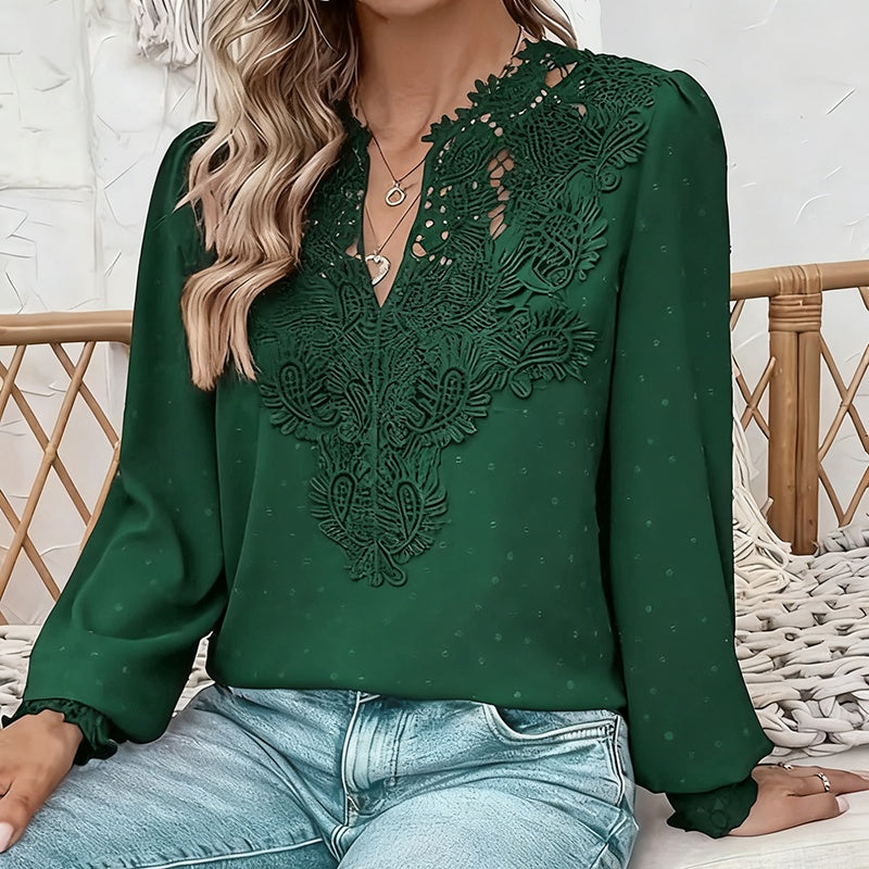 Women's V Neck Contrast Lace Long Lantern Sleeve Blouse Tops