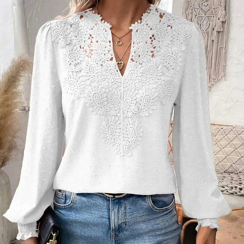 Women's V Neck Contrast Lace Long Lantern Sleeve Blouse Tops