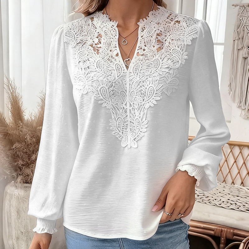 Women's V Neck Contrast Lace Long Lantern Sleeve Blouse Tops