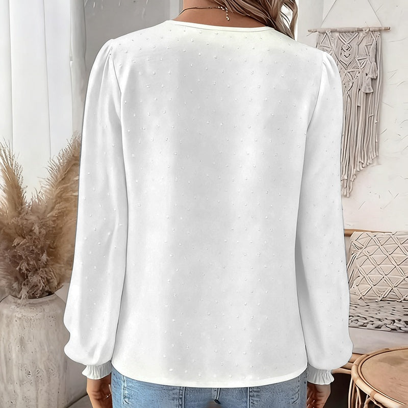 Women's V Neck Contrast Lace Long Lantern Sleeve Blouse Tops