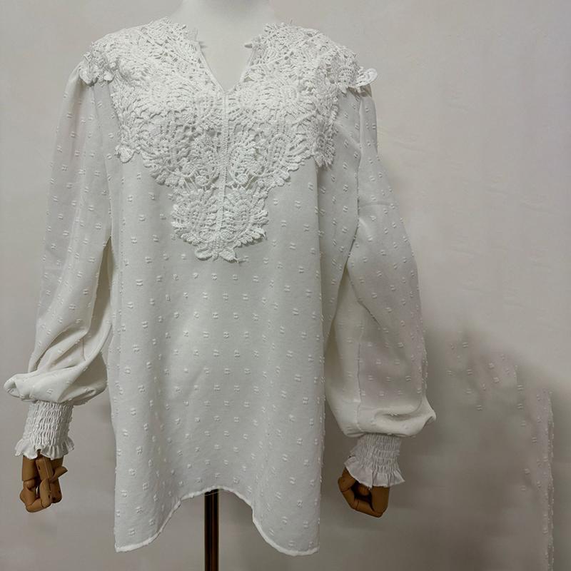 Women's V Neck Contrast Lace Long Lantern Sleeve Blouse Tops
