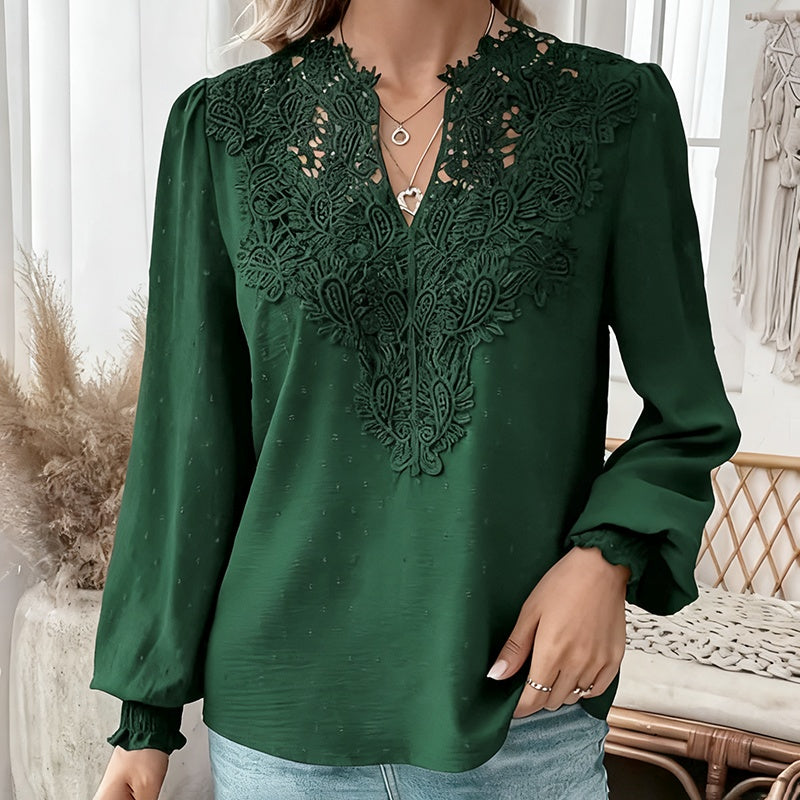 Women's V Neck Contrast Lace Long Lantern Sleeve Blouse Tops