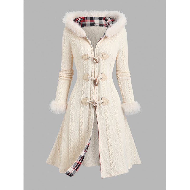 Long Hooded Coat With Horn-shaped Buttons