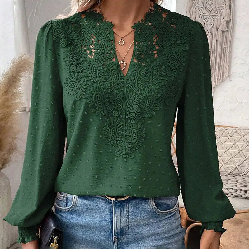 Women's V Neck Contrast Lace Long Lantern Sleeve Blouse Tops