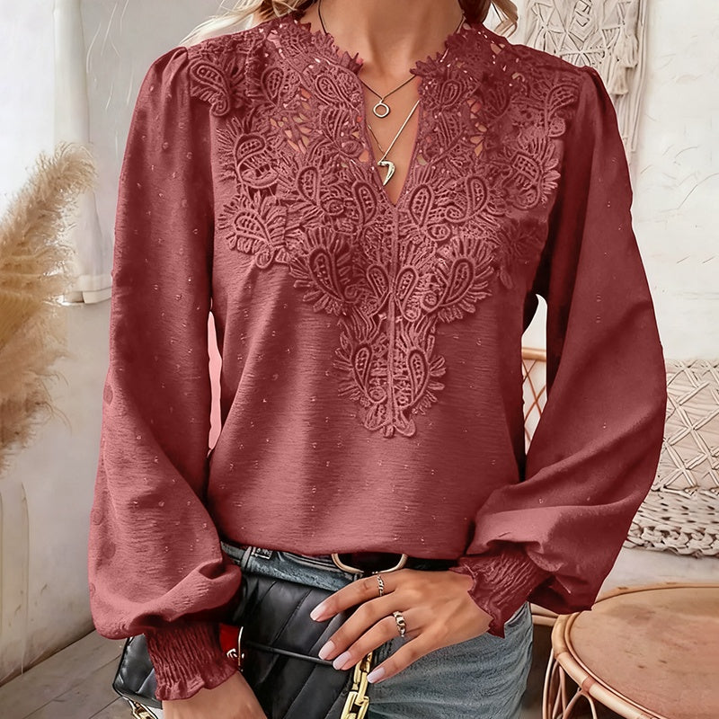 Women's V Neck Contrast Lace Long Lantern Sleeve Blouse Tops